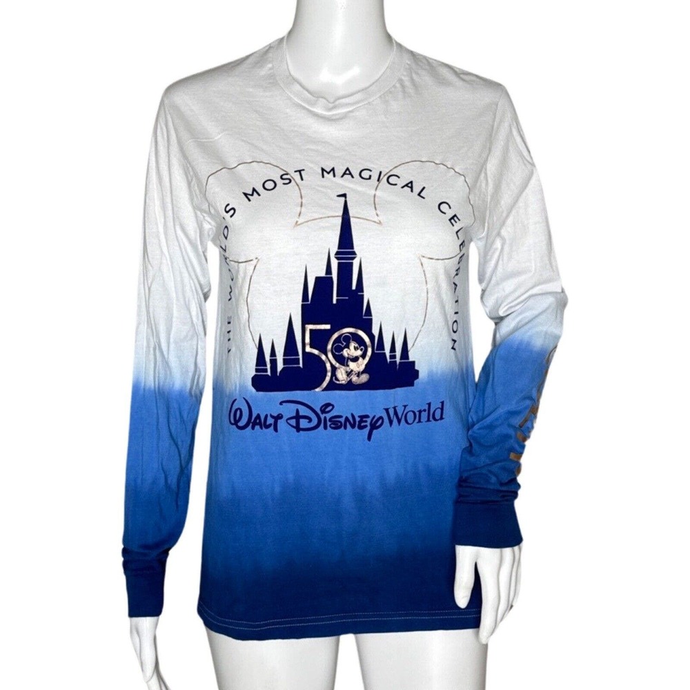 Disney Shirt Womens Small White Blue Dip Dye 2021 50th Anniversary AP Passholder